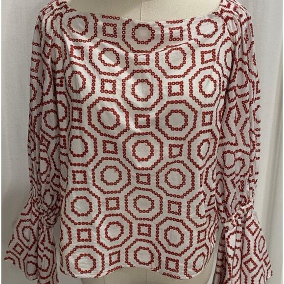 Alexis Micael Red White Eyelet Embroidered Off The Shoulder Bell Sleeve Top Med - Picture 10 of 16